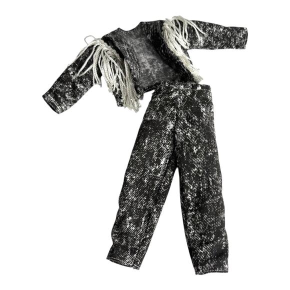 Fringed Acid Wash Jacket & Pants For Ken Barbie Doll Black White Gray Set Vtg - Picture 1 of 4